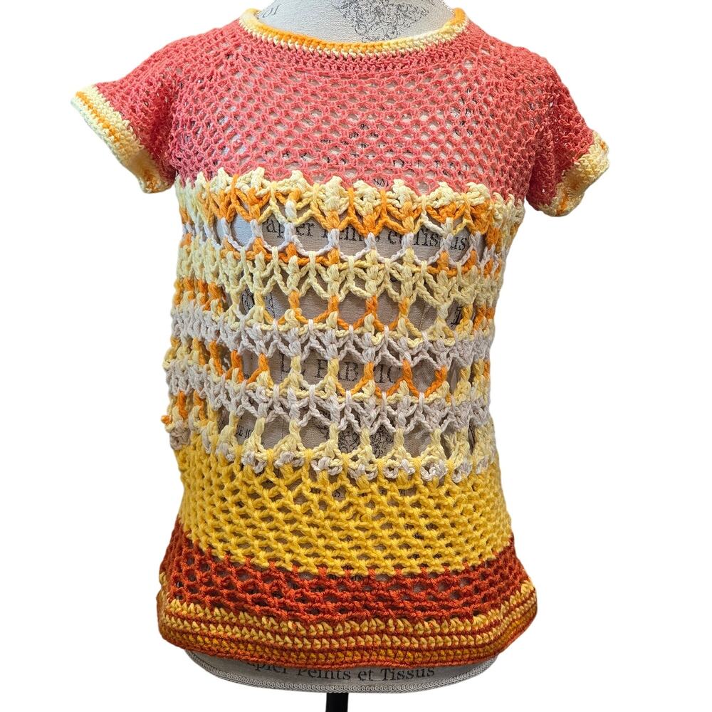 Handmade Crochet Multicolor Granny Square Knit Short Sleeve Shirt
